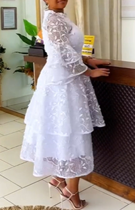 Mesh Lace Bell Bottom Sleeve High Waist Round Neck Women's Dress Evening Gown 3