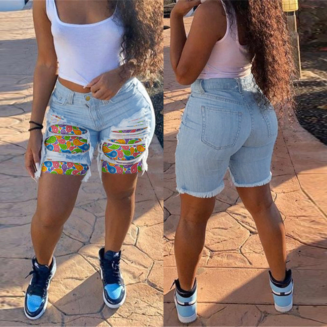 Women summer patch Ripped Denim shorts