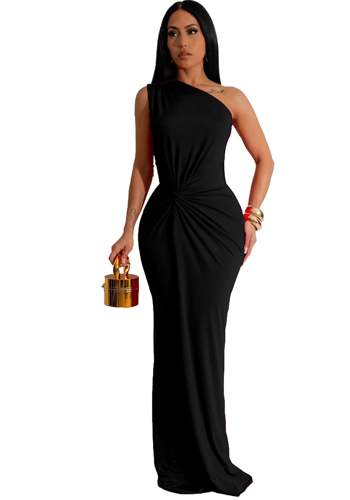 Women sexy solid one-shoulder dress