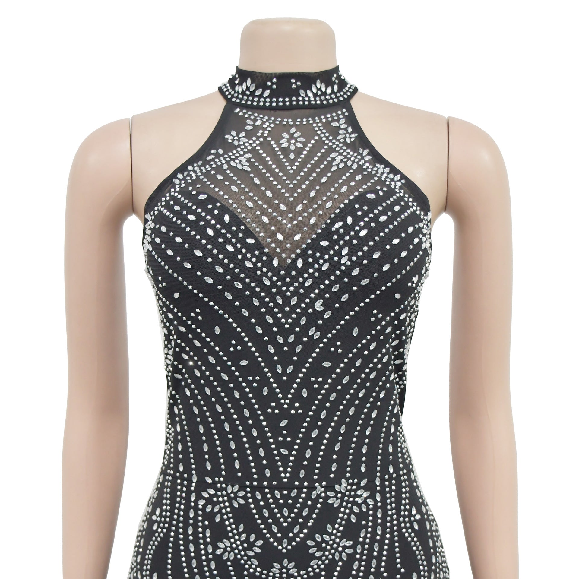 Fashionable Women's Solid Color Mesh Beaded Long Dress 6