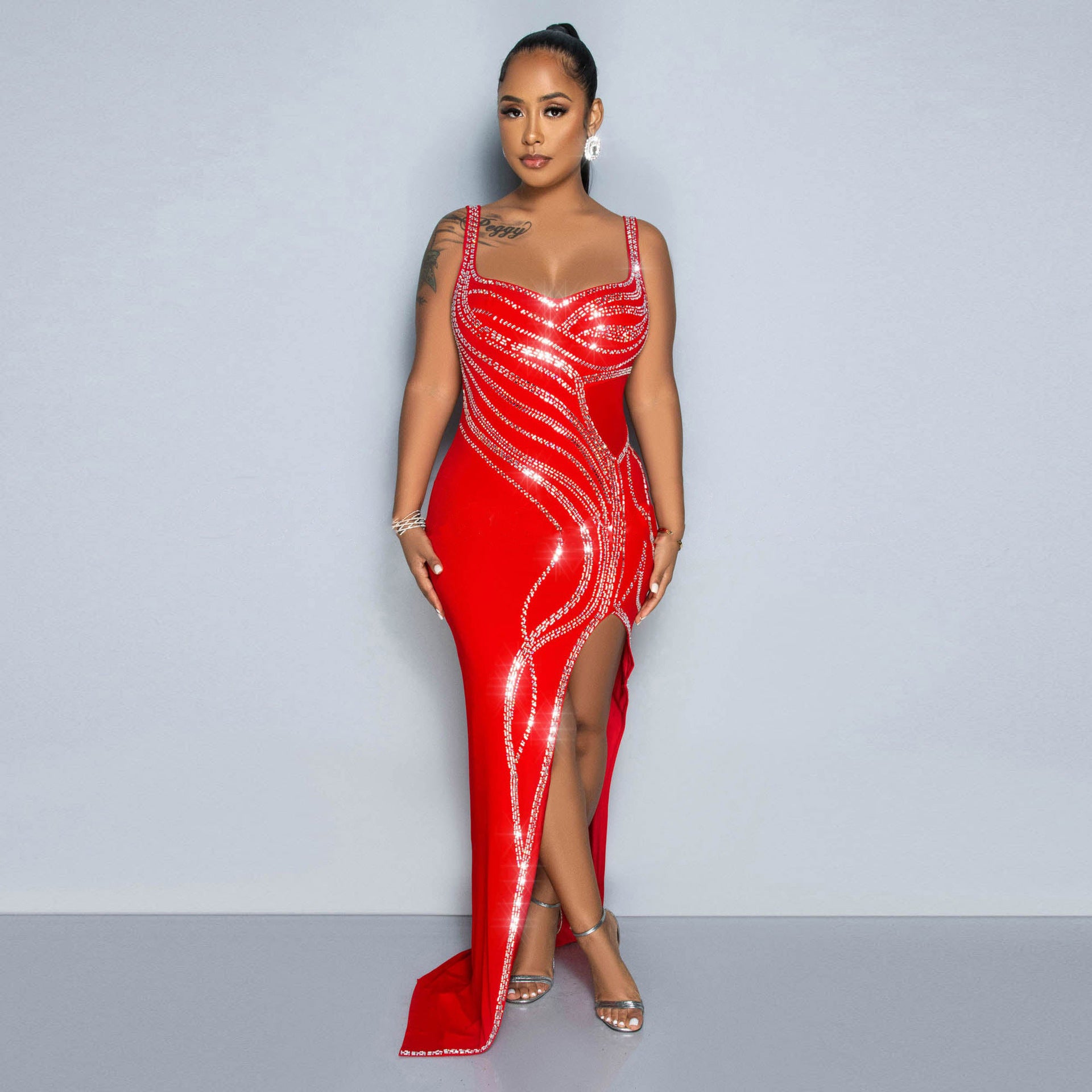 Women Sexy Beaded Sleeveless Bodycon Slit Dress 5