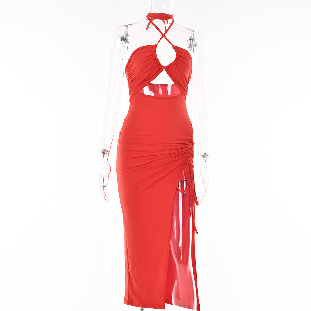 spring and summer women's Halter Neck Plunging high split Low Back Lace-Up long dress 4