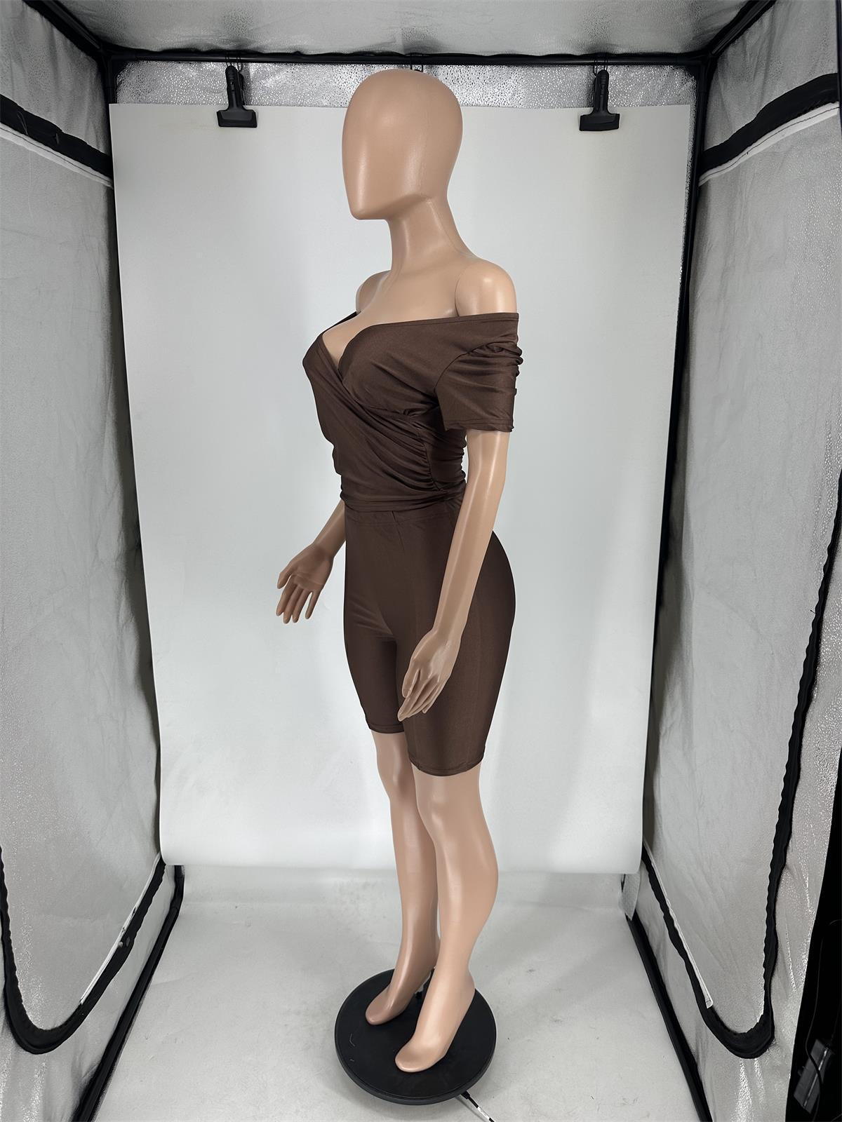 Women's Summer Cross V Neck Short Sleeve Top Elastic Shorts Casual Two Piece Set 18