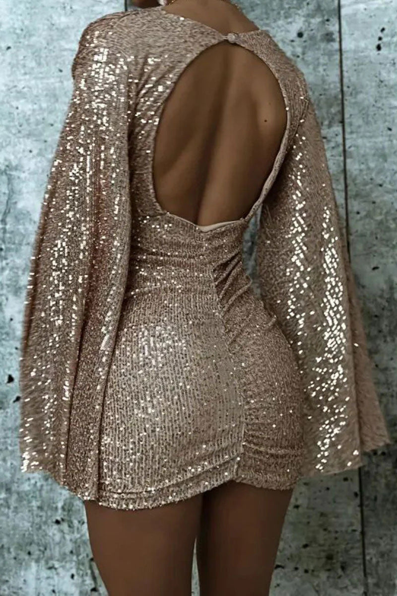 Spring Sexy V-Neck Sequined Cape Sleeve Short Bodycon Dress 10