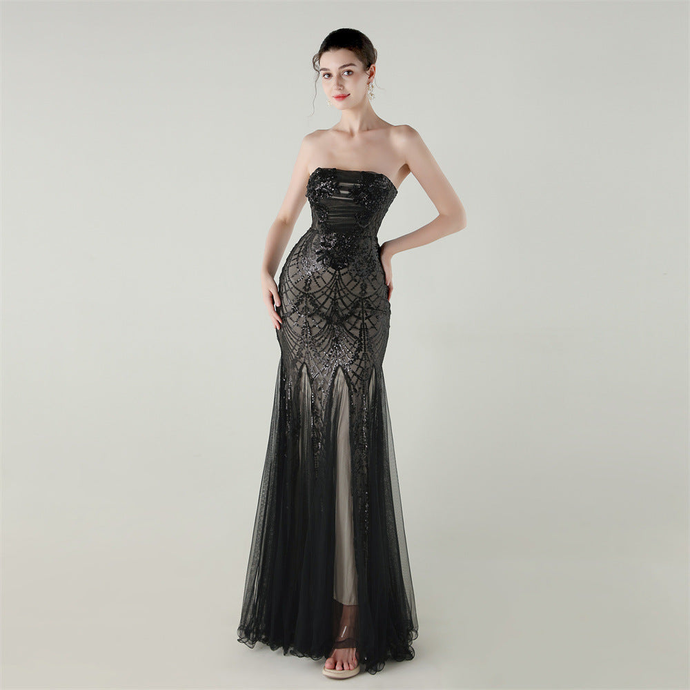 Women Strapless cross Lace-Up sequined tube flower sequined mesh evening dress Formal Party evening dress 98