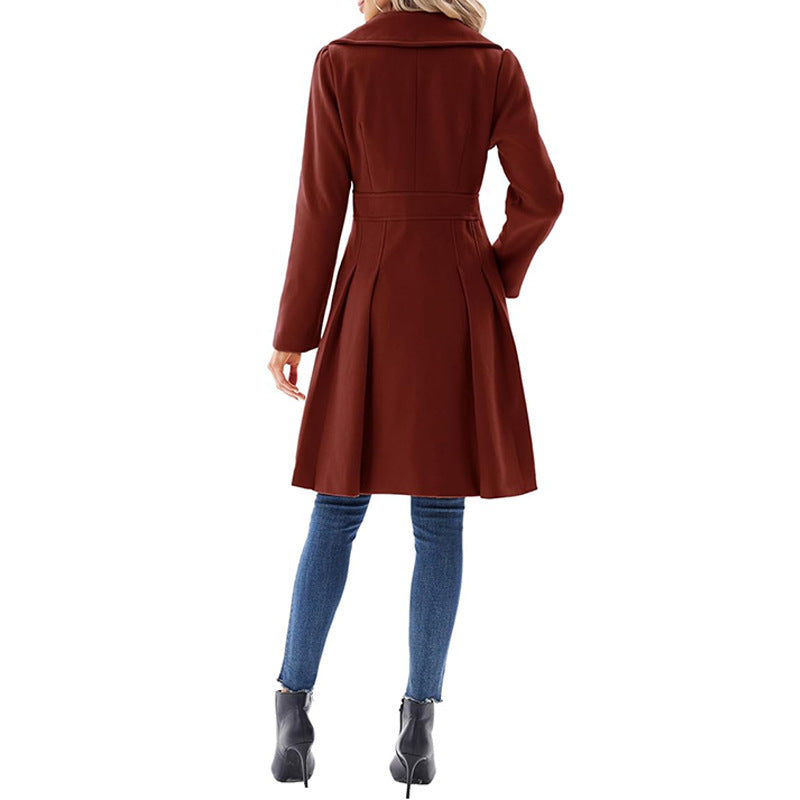 Women Fall and Winter Turndown Collar Double-Breasted Pocket Windbreaker 74