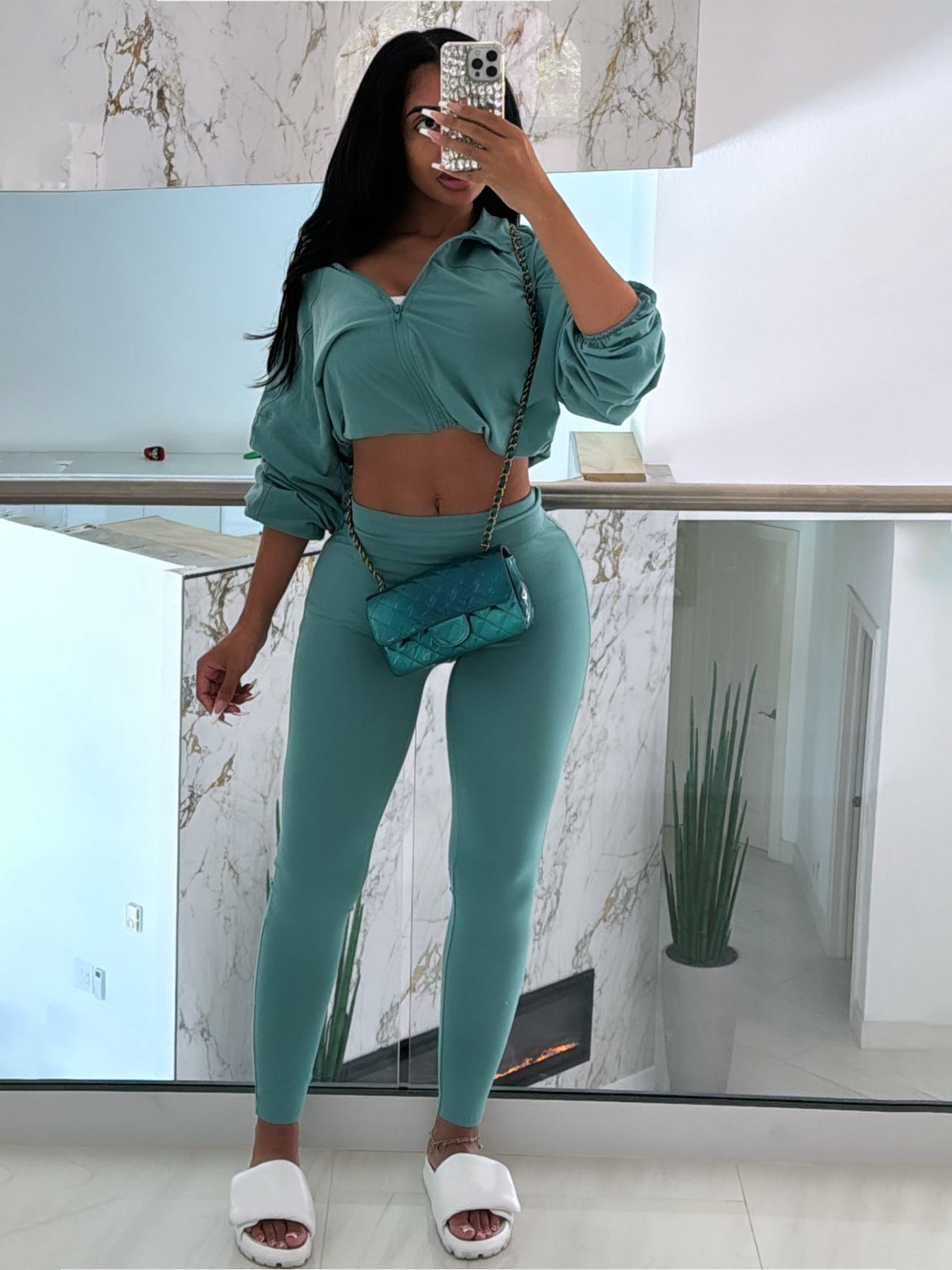 Women Sexy drawstring crop top and trousers two-piece set 7