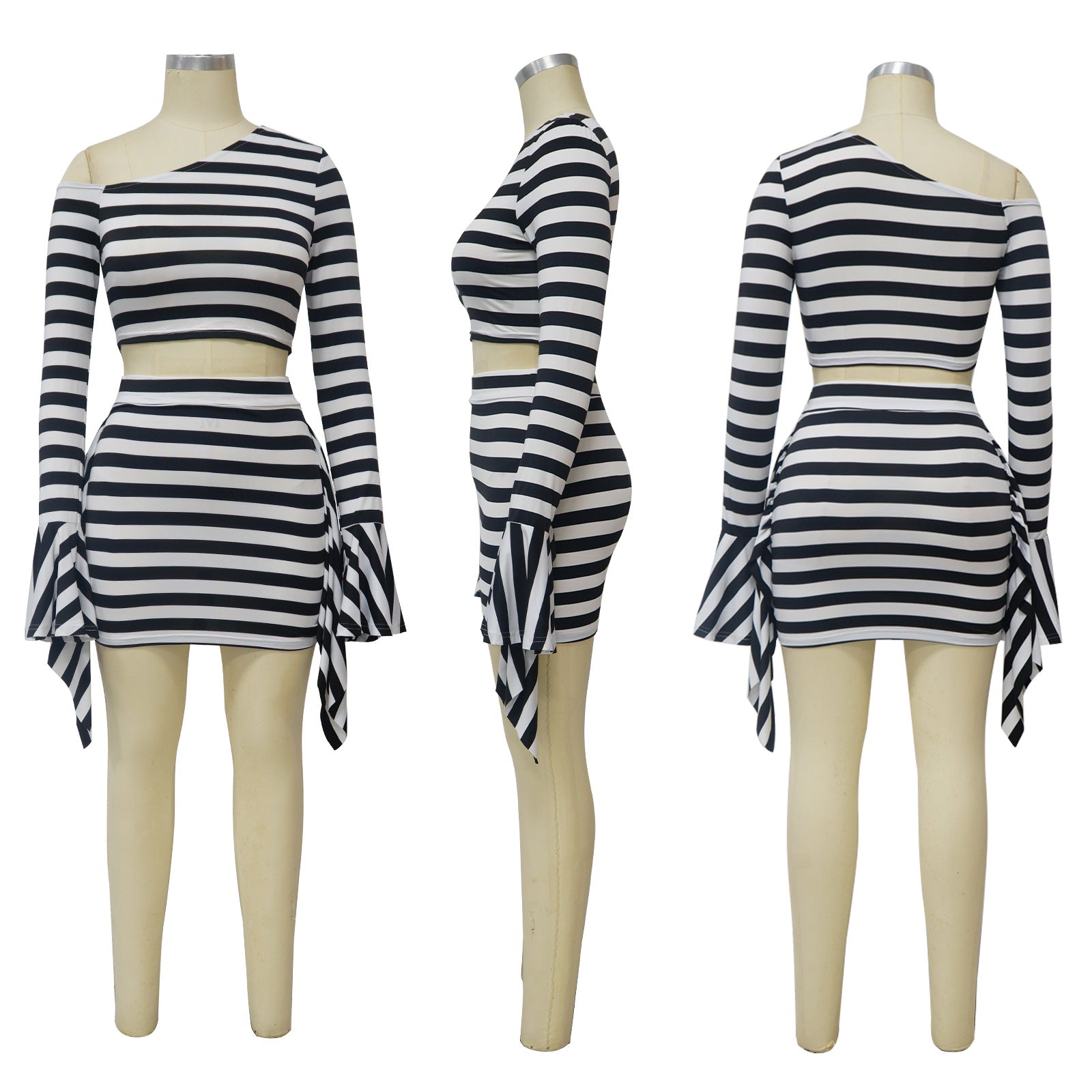 Women Sexy Slash Shoulder Bell Bottom Top and Mini Skirt two-piece set 15