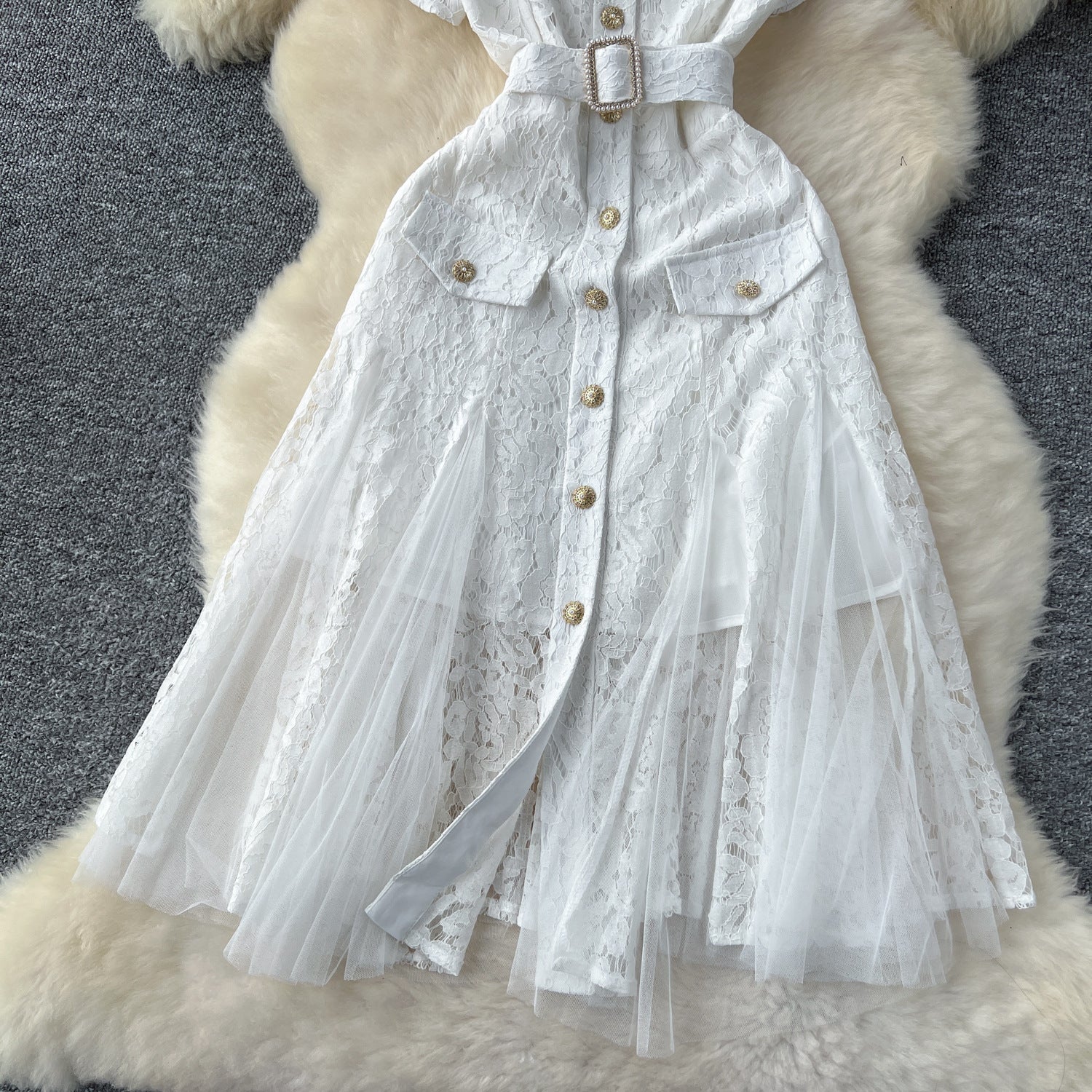 Women French V-Neck Metal Buttoned Mesh Patchwork Lace Ruffle Dress 7