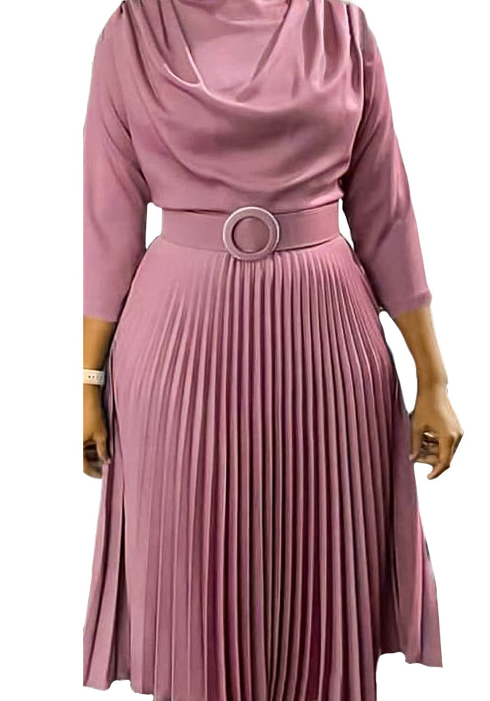 Autumn Women's Fashion African Plus Size Solid Color Pleated Dress