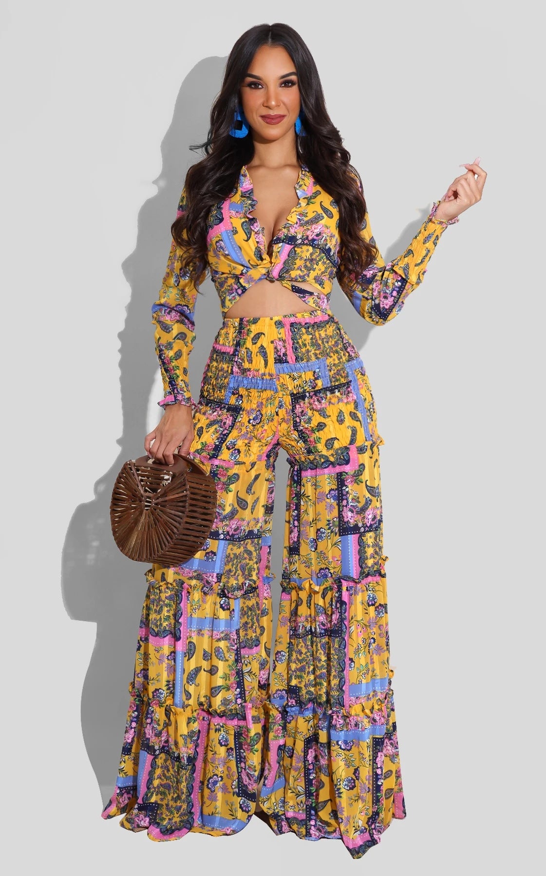 Women chiffon irregular printed long-sleeved top and wide-leg pants Casual two-piece set 4