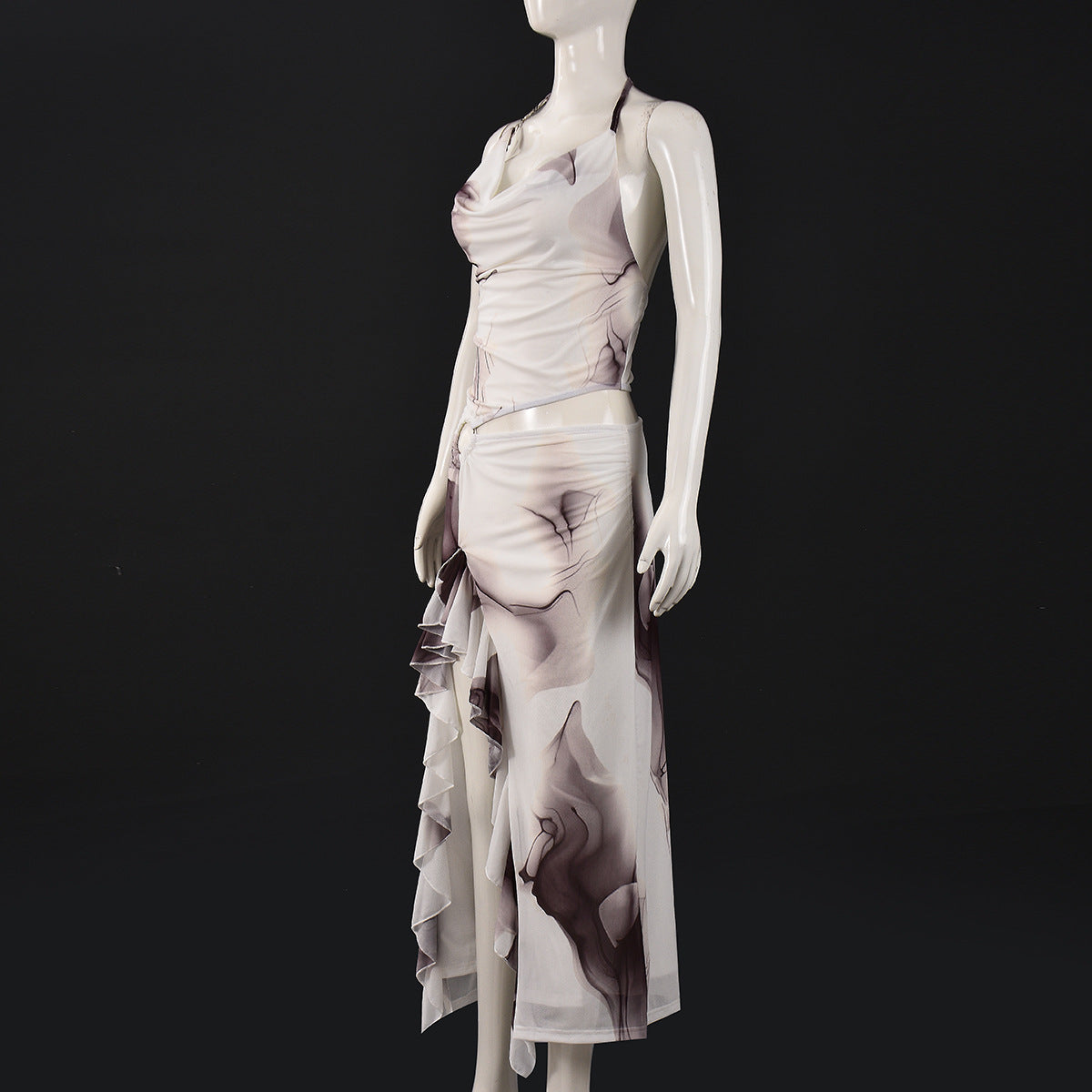 Women's Spring/Summer Contrast Color Halter Neck Irregular Print Dress 10