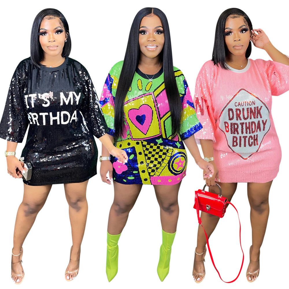 Trendy Round Neck Half Sleeve Loose Sequin Print Party Sequined Nightclub Style Women's Dress 10