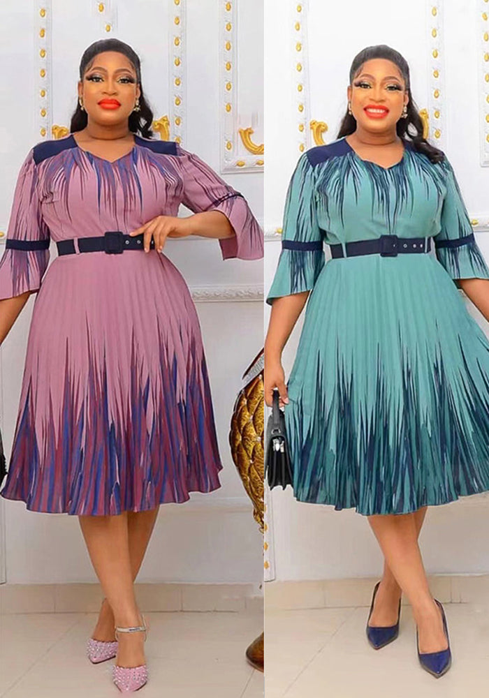 Plus Size African Dress Women High Waist Fashion Round Neck Printed Pleated Dress