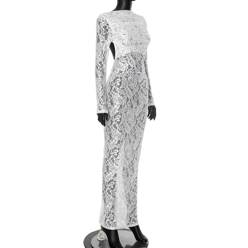 Women Lace Patchwork See-Through Backless Gathered Bodycon Dress 11