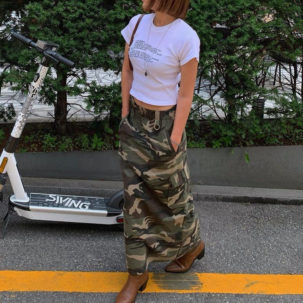 Elastic Waist Women's Spring and Summer Pocket Outdoor Fashion Style Camouflage Washed Skirt 5
