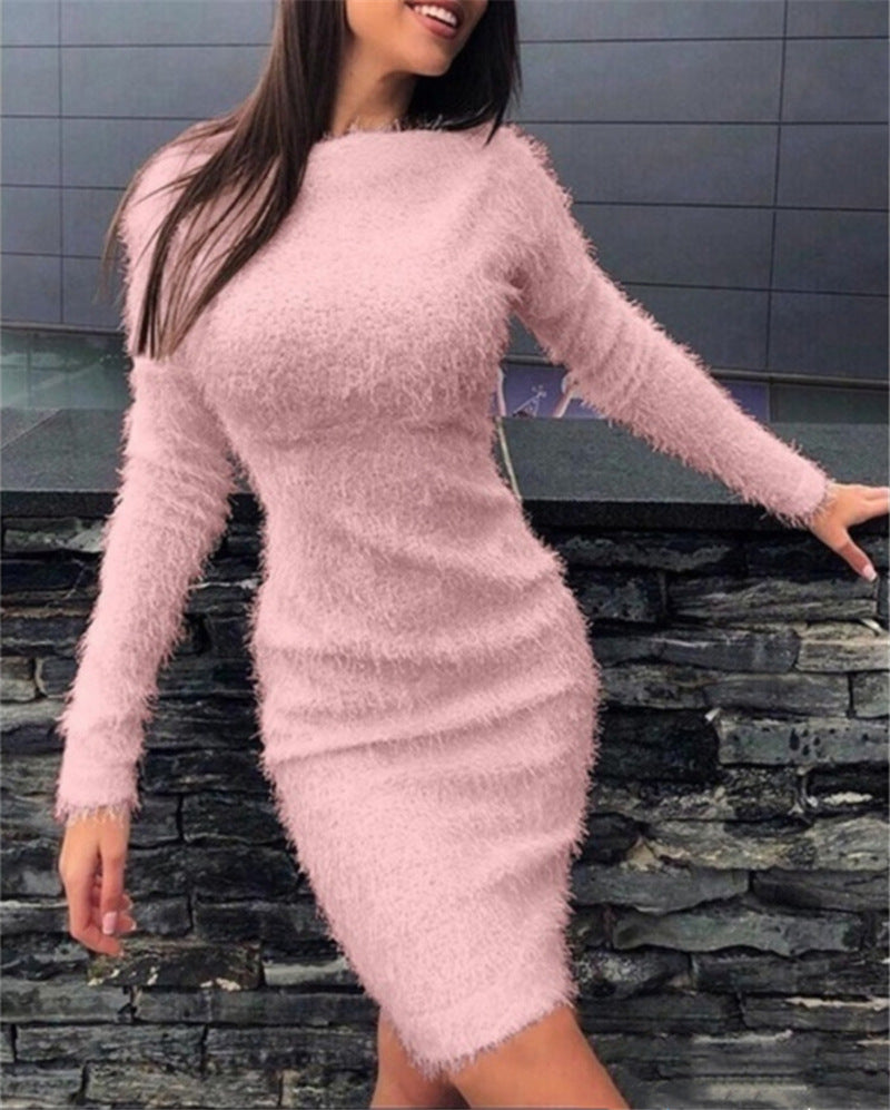 Women's Fall Winter Plush Slim Waist Long Sleeve Dress 3