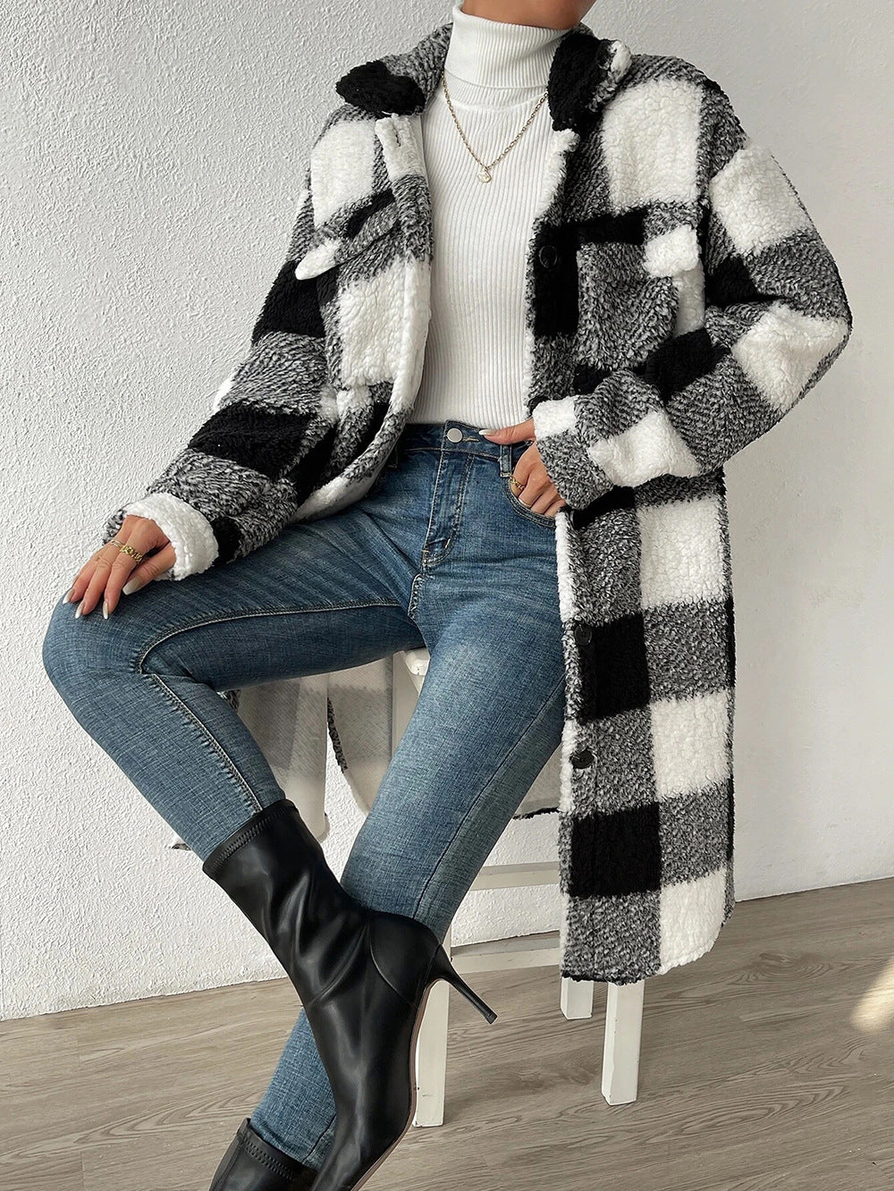 Autumn And Winter Open Button Turndown Collar Plush Plaid Coat Loose Chic Long Jeacket For Women 5