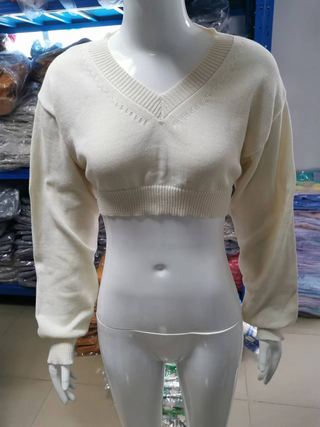 Women's Short Knitting Top Y2K Pullover V-Neck Crop Long Sleeve Top 11