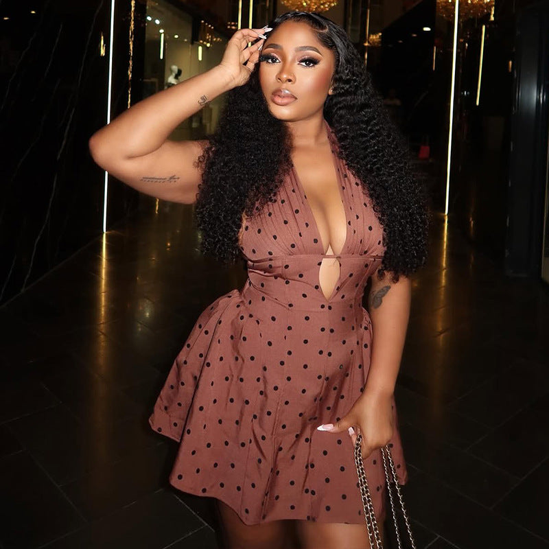 Print Polka Dot Women's Slim Waist Sexy A-Line Pleated Deep V-Neck Sleeveless Short Dress