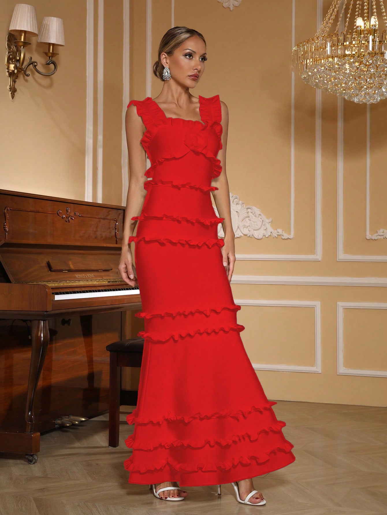 Women ruffled backless square neck bandage fishtail evening dress 3