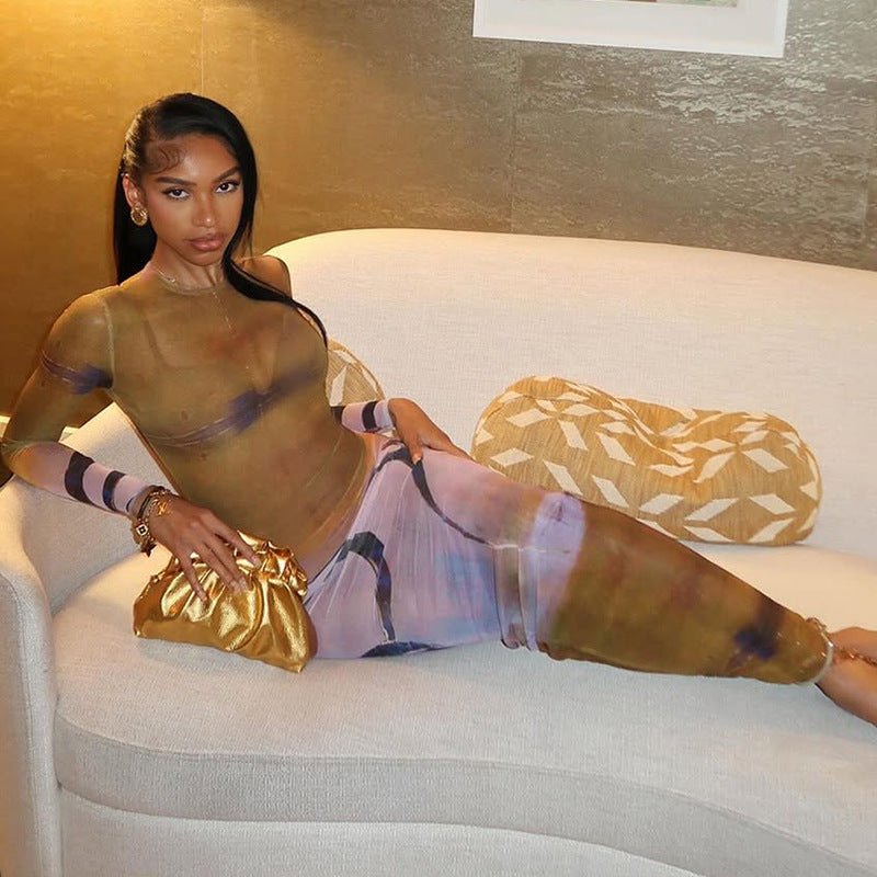 Fashion women's print round neck long sleeve micro-transparent bodycon dress 3