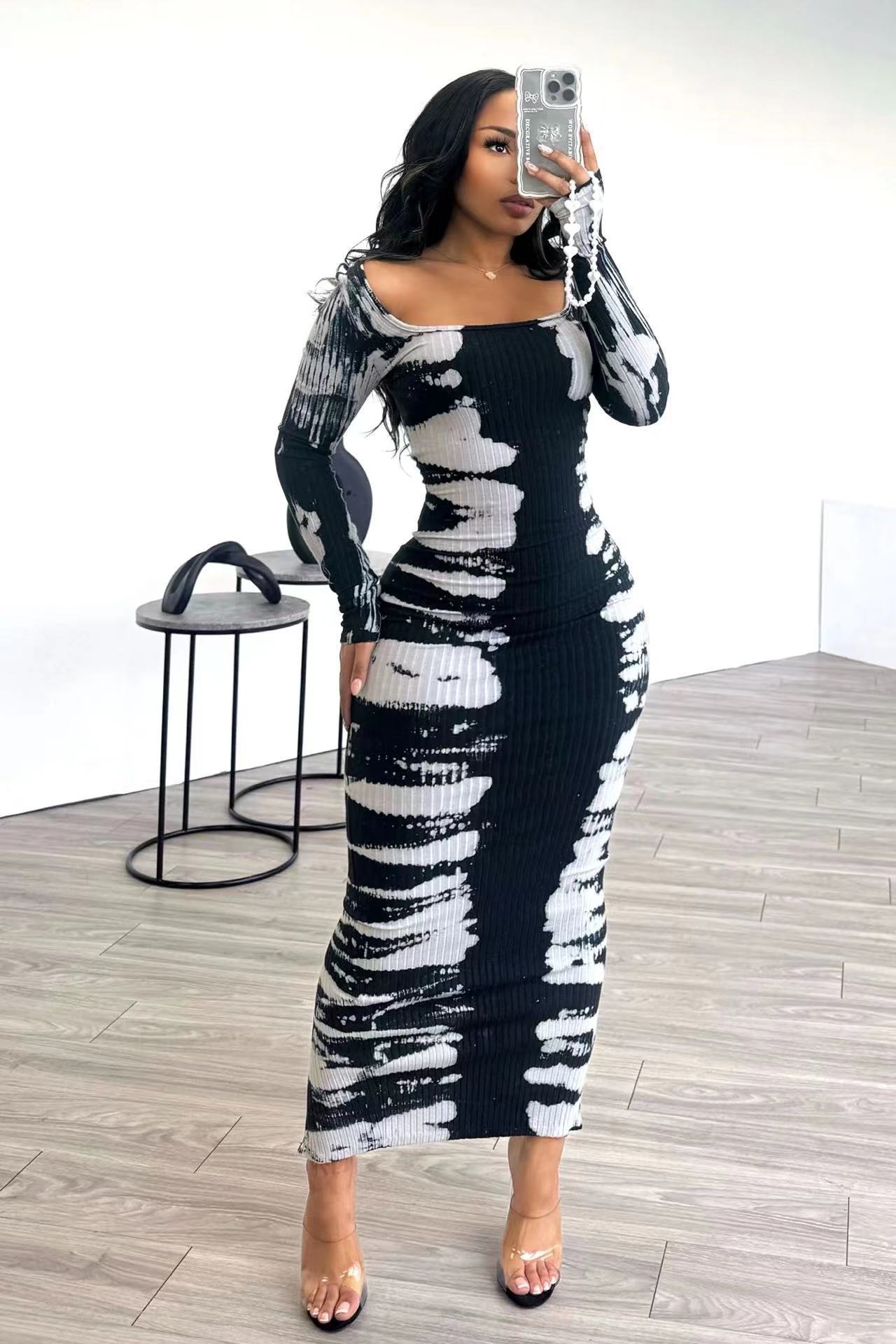 Women Printed Long Sleeve Square Neck Sexy Bodycon Dress 4