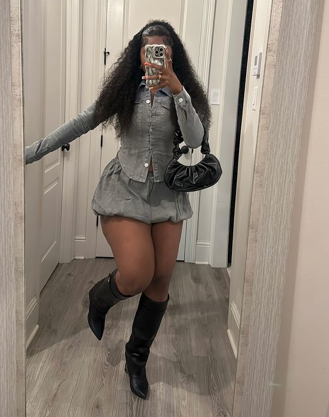 Slim Shirt Stretch Denim Skirt Women's Two Piece Set 4