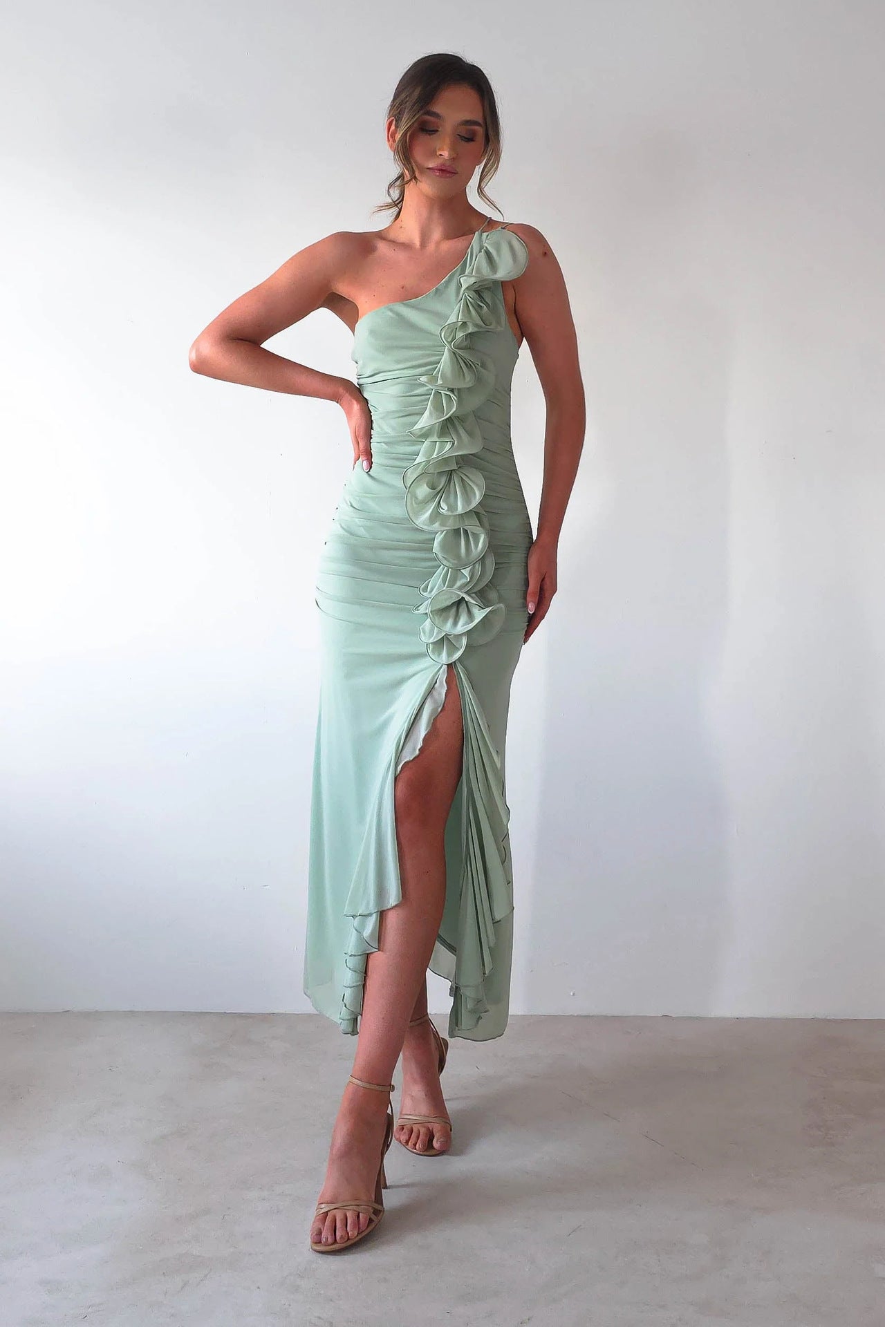 Summer Slash Shoulder Fashion Sexy Shirred High Slit Slim Dress 17