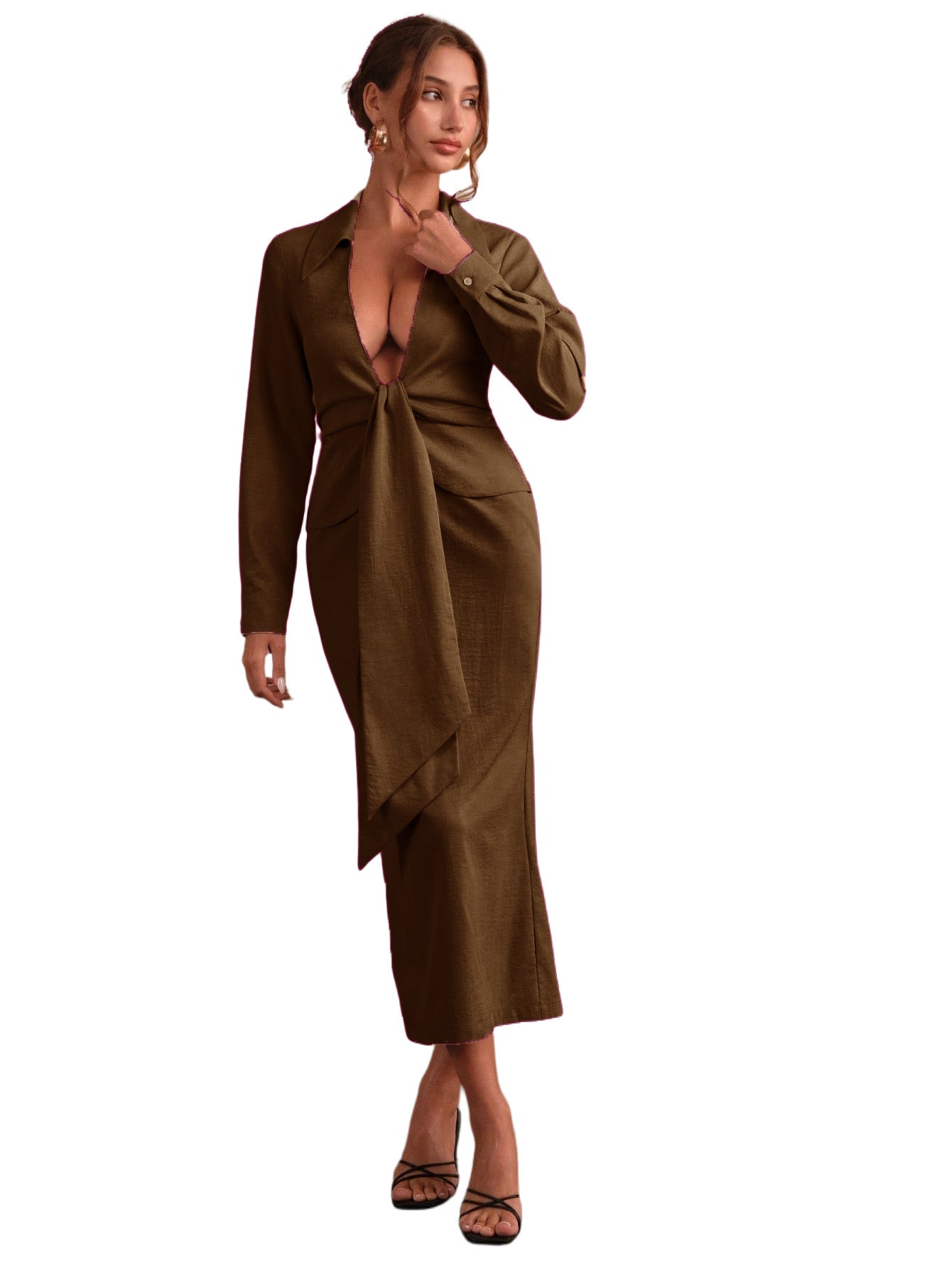 Women Sexy Solid V-Neck Shirt Dress 5