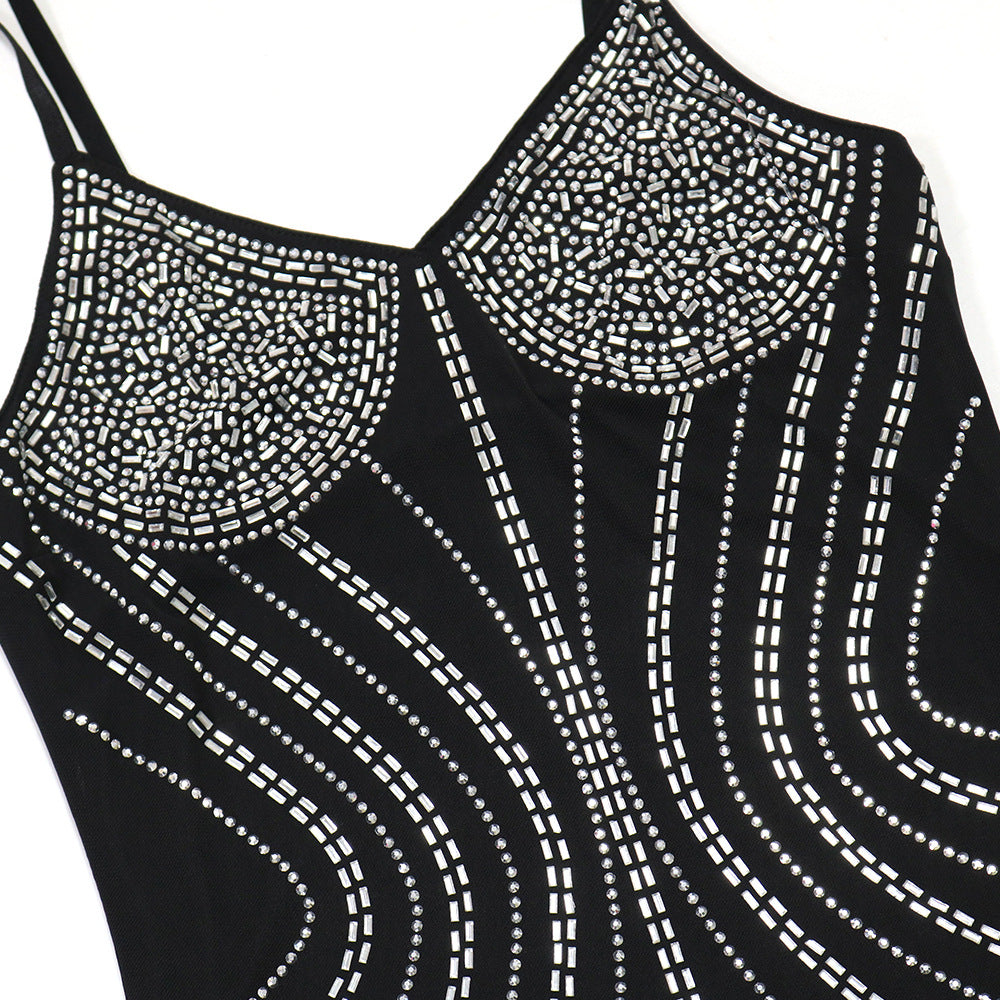 Women Solid Color Sexy Strap Bodycon Beaded Party Dress 10