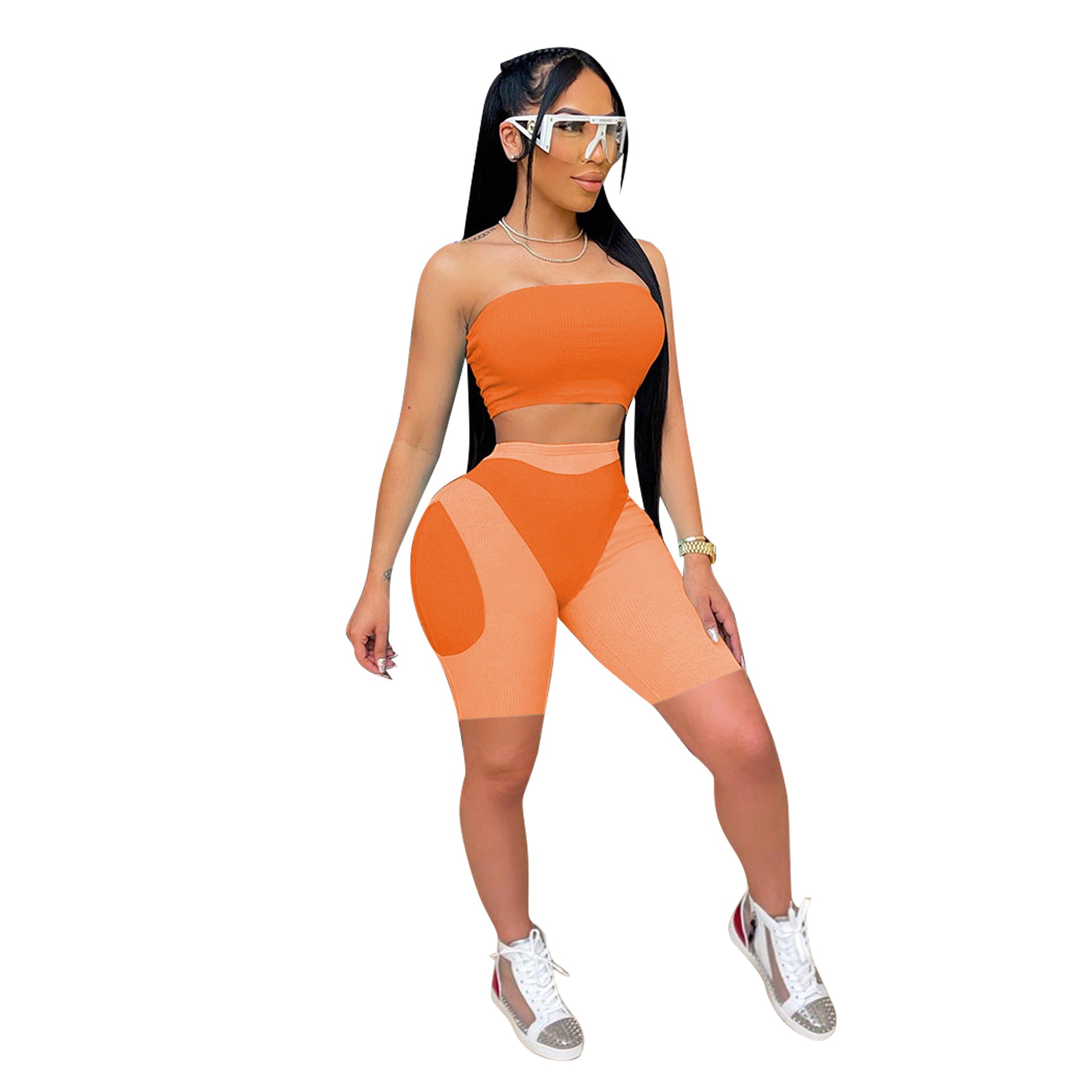 Women's summer fashionable color matching tight fitting strapless two-piece shorts set 13