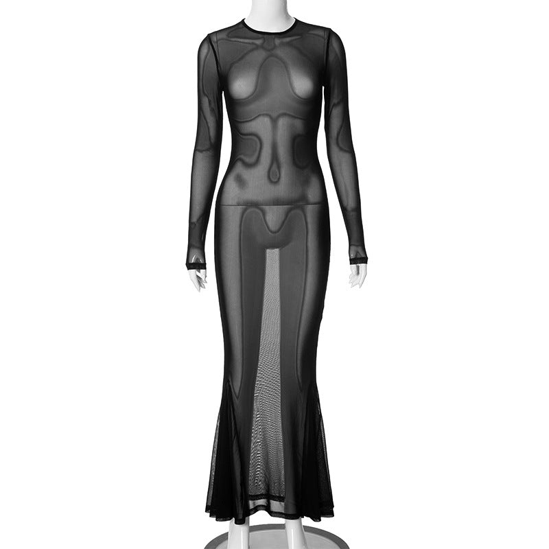 Spring Women's Fashionable Sexy See-Through  Mesh Long-Sleeved Slim Dress 6