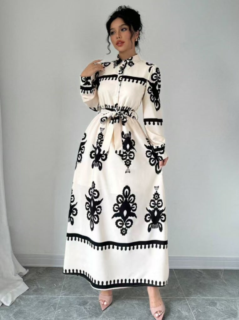 Women Autumn Winter Women Chic Contrast Holidays Print Button Dress 6