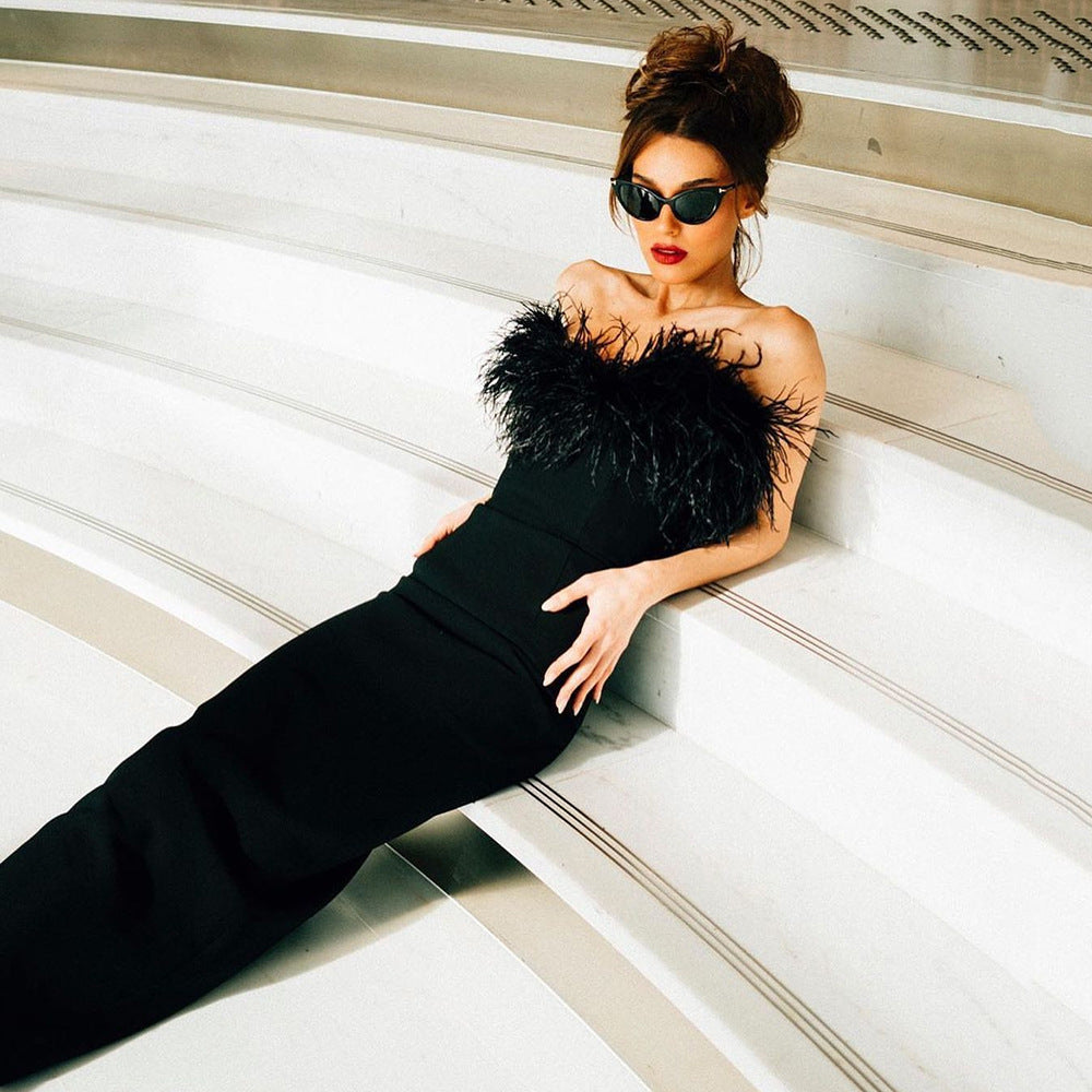 Strapless Bandage Dress Feather Stylish and Elegant Tight Fitting Bodycon Sleeveless Formal Party Dress 8