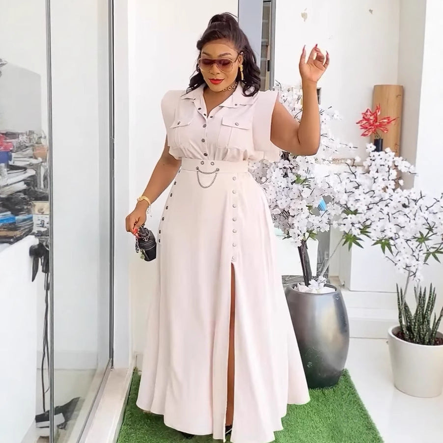 Elegant Career Solid Color Turndown Collar Sleeveless Shirt Slit Long Skirt Two-Piece Set 5