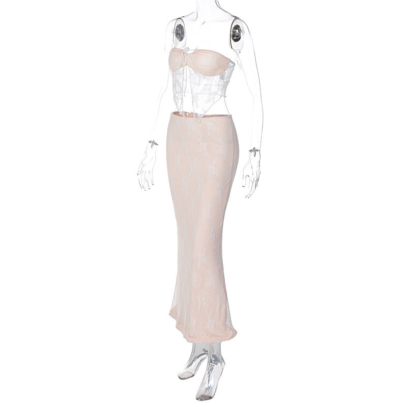 Women sexy lace Patchwork Top and Skirt two-piece set 19