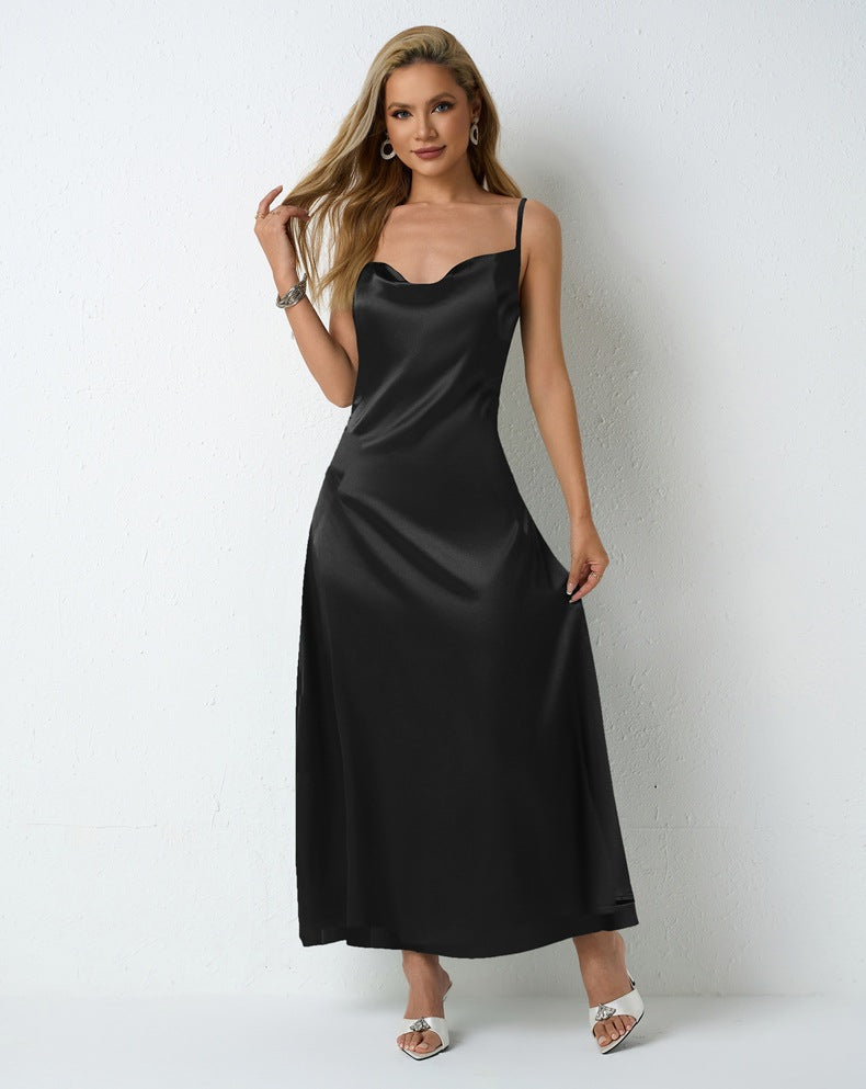Women Pleated Sleeveless Satin Dress 14