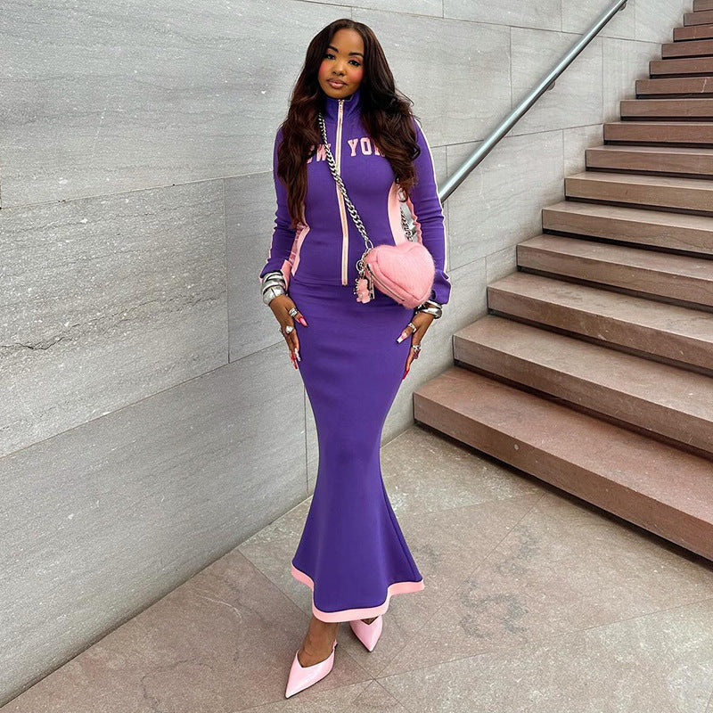 Women Letter Zipper Top and Long Skirt Two Piece Set