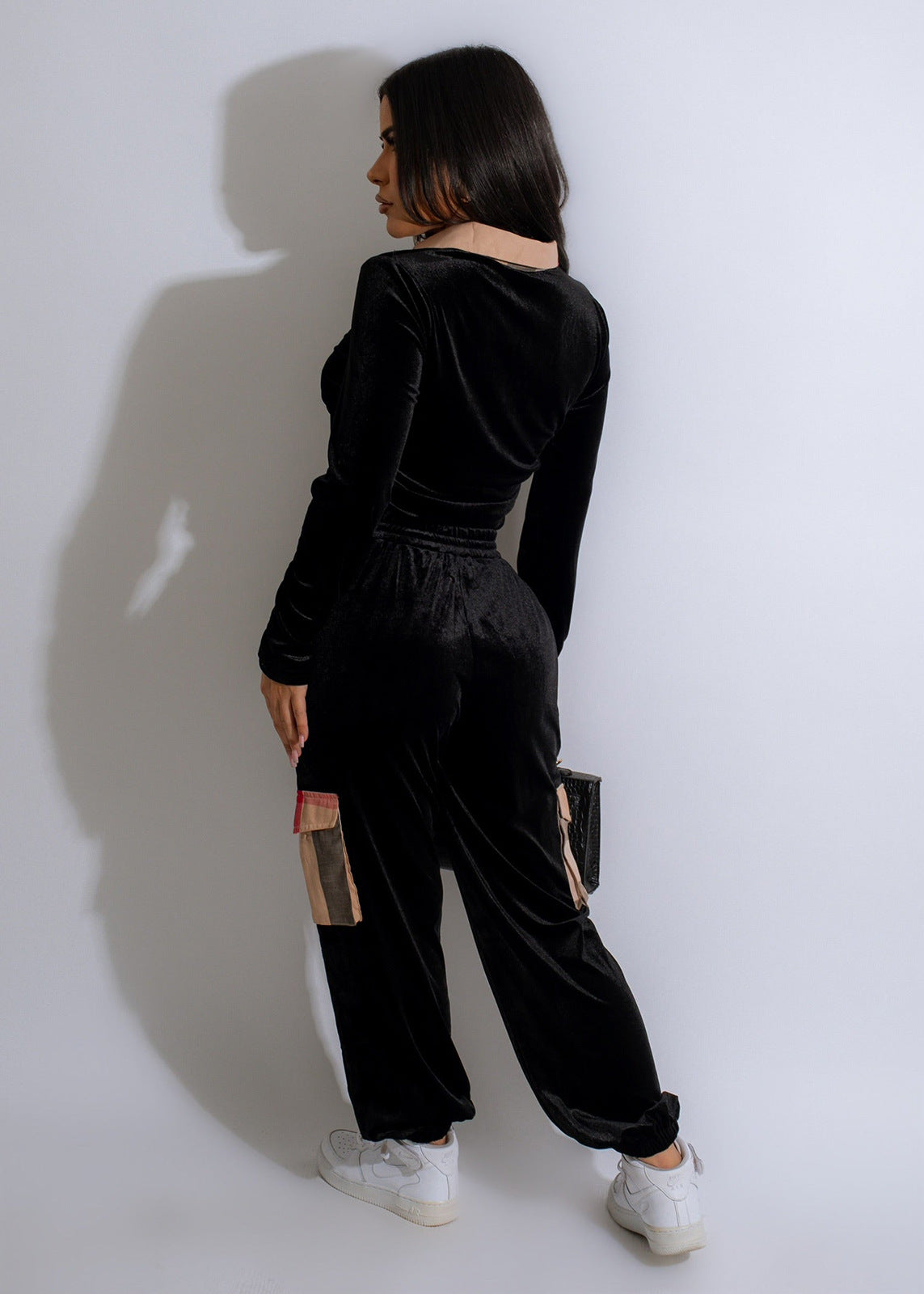 Autumn And Winter Women's Clothing Printed Plaid Patchwork Velvet Long-Sleeved Two-Piece Trousers Set 4