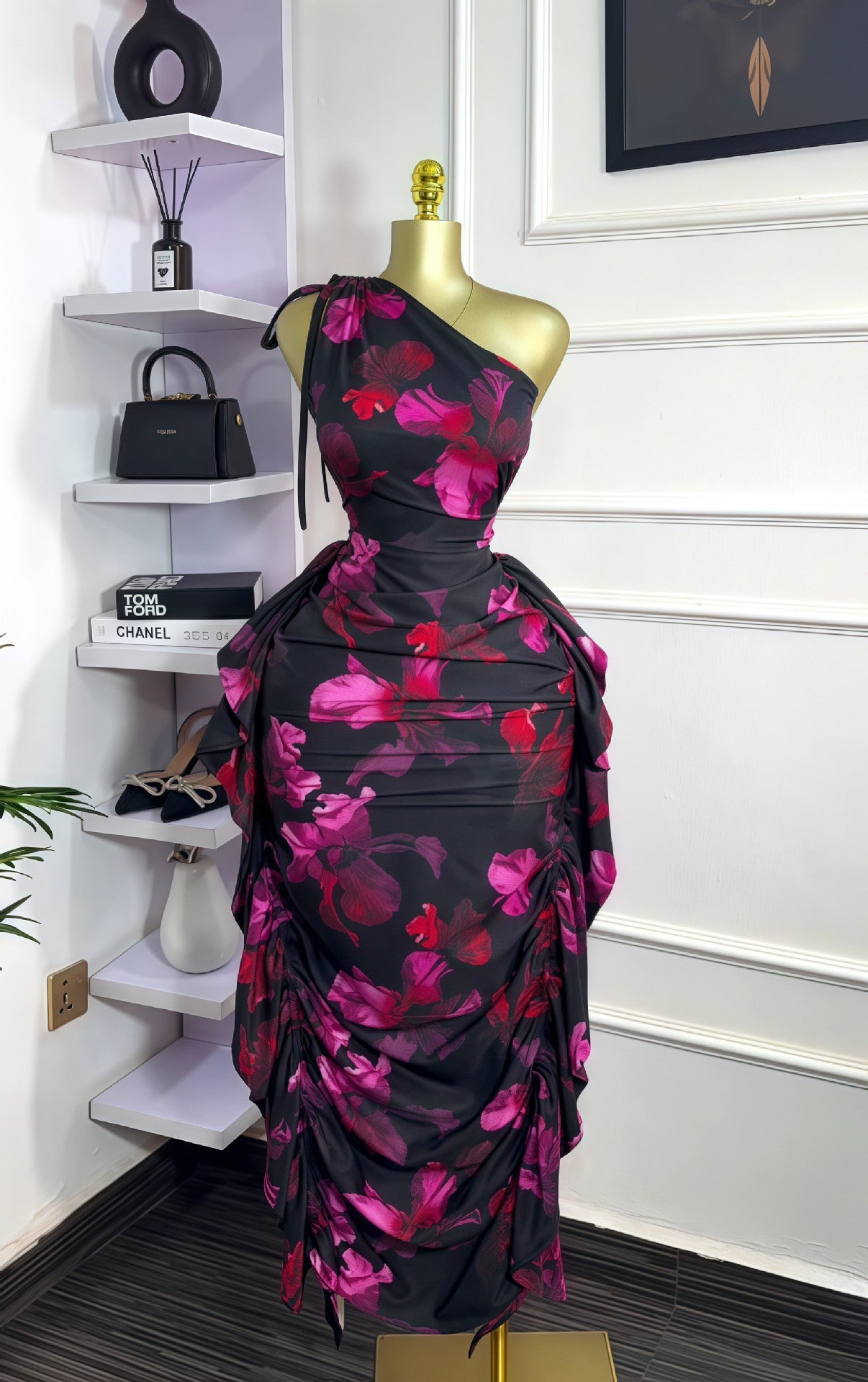 One-Shoulder Slash Neck Floral Tie-Front Ruffle Bodycon Dress