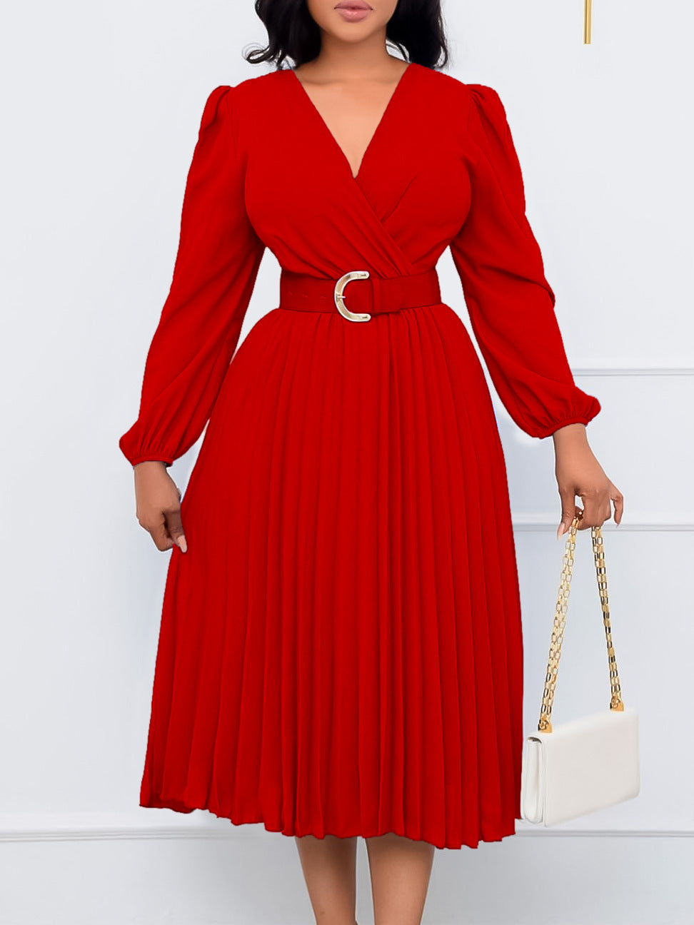 Plus Size Women Long Sleeve V-Neck Pleated Maxi Dress 9