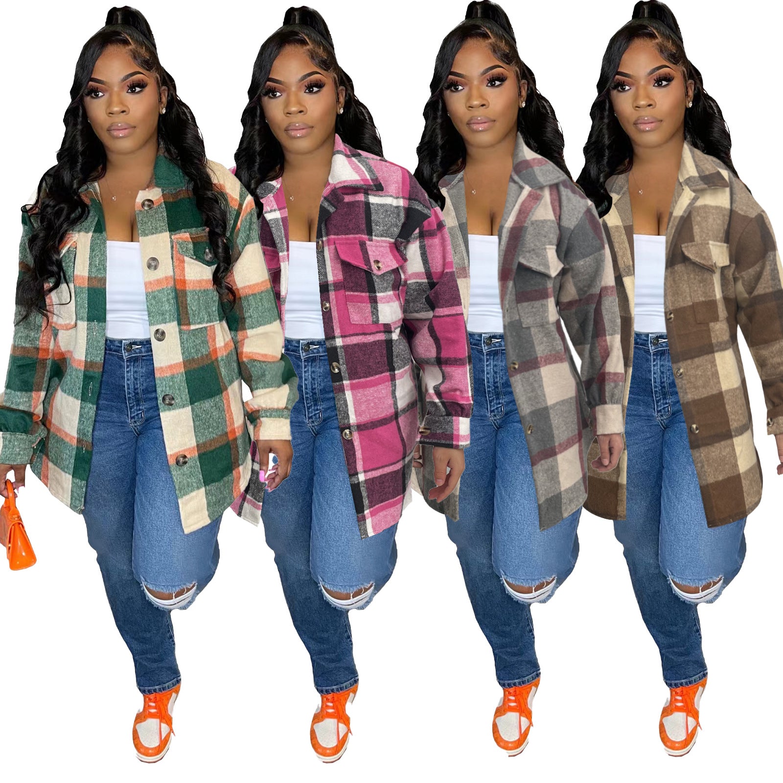 Women Autumn and Winter Loose Plaid Shirt 7