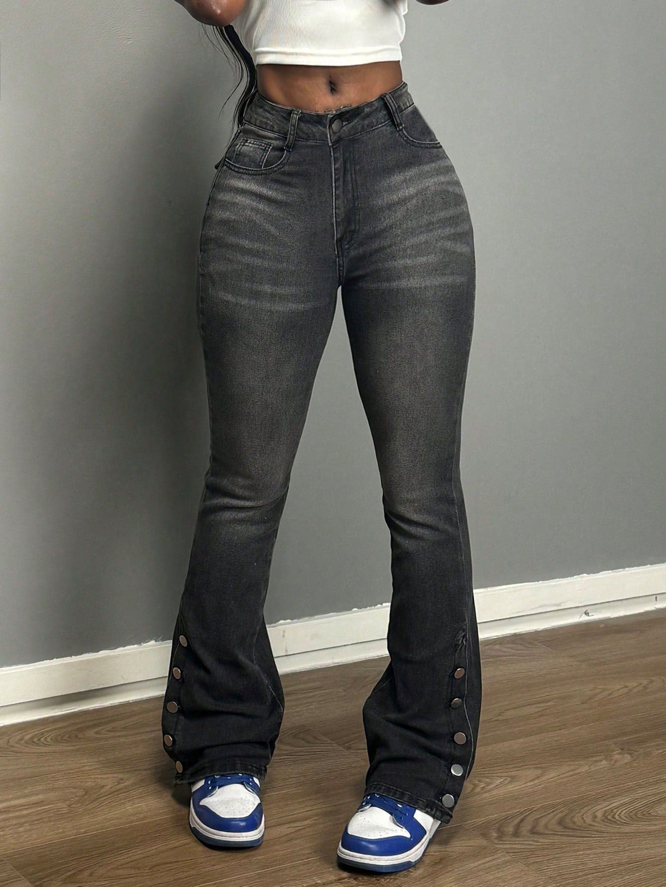Women's Button Front Split Hem Denim Pants