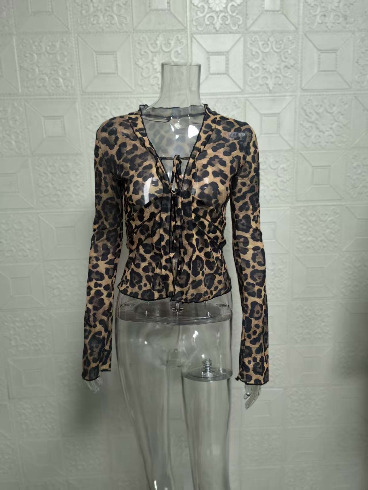 Women Sexy Leopard Print Long-Sleeved V-Neck Lace-Up See-Through Shirt Top 7