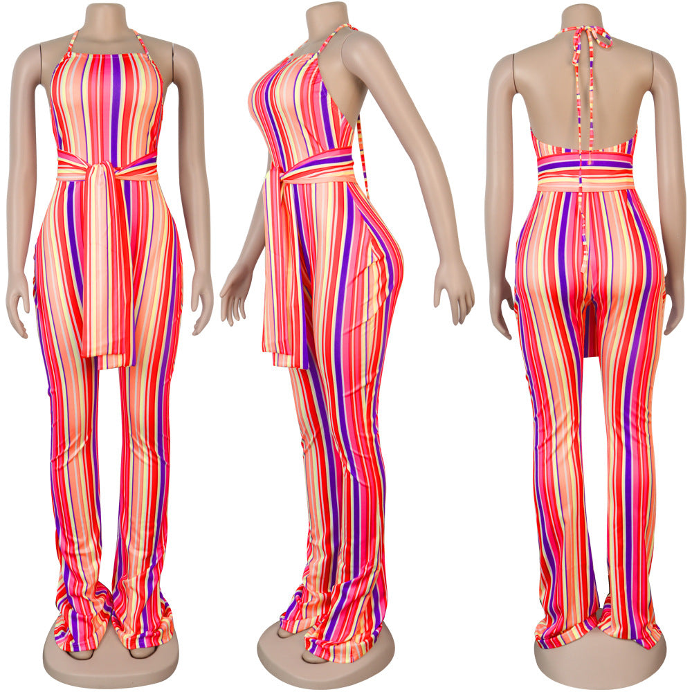 Multi-Color Striped Halter Neck Slim Fit Bell Bottom Women's Jumpsuit 18