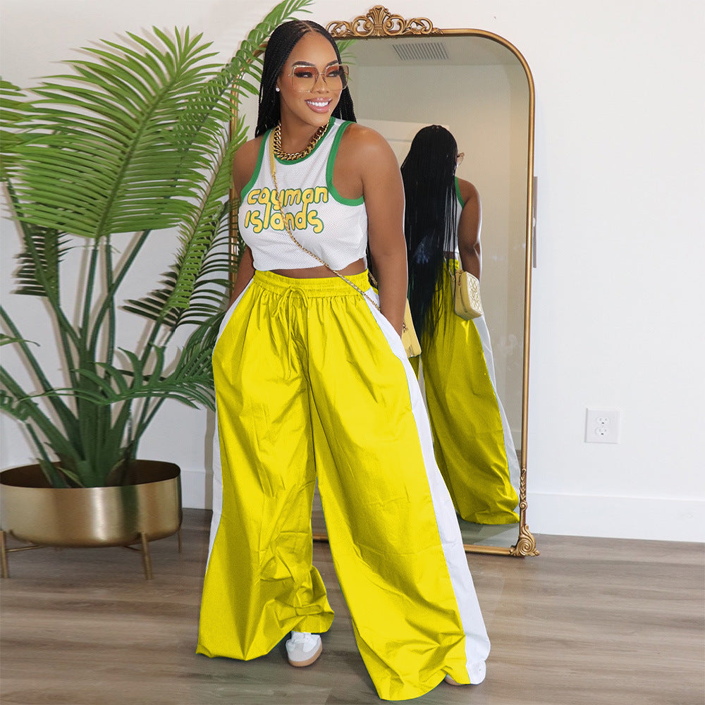 Women Sports Contrast Patchwork Casual Wide Leg Pants 8