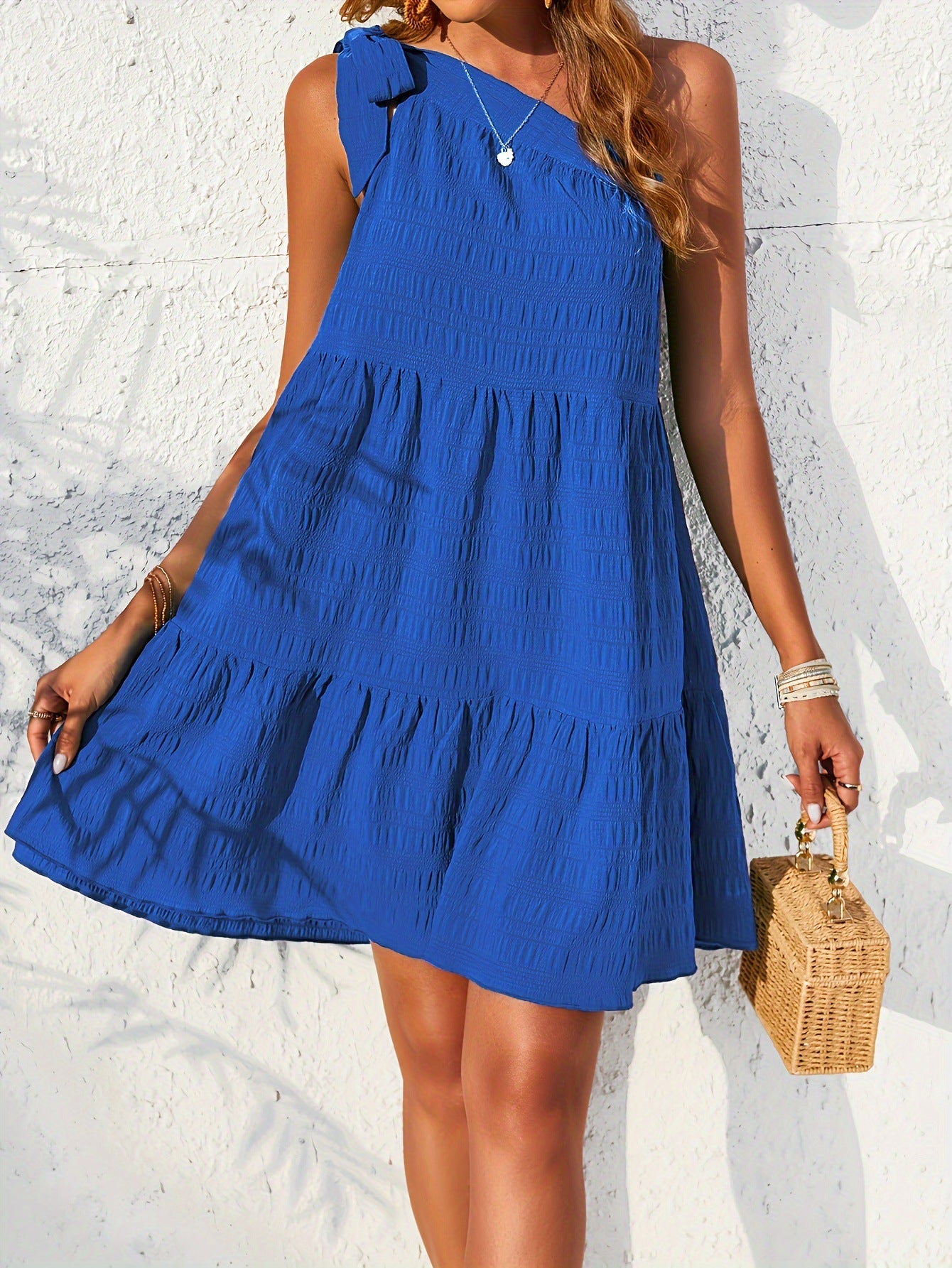 Spring Summer Slash Shoulder Jacquard Plaid Holiday Bow Lace-Up Sleeveless Mini Dress