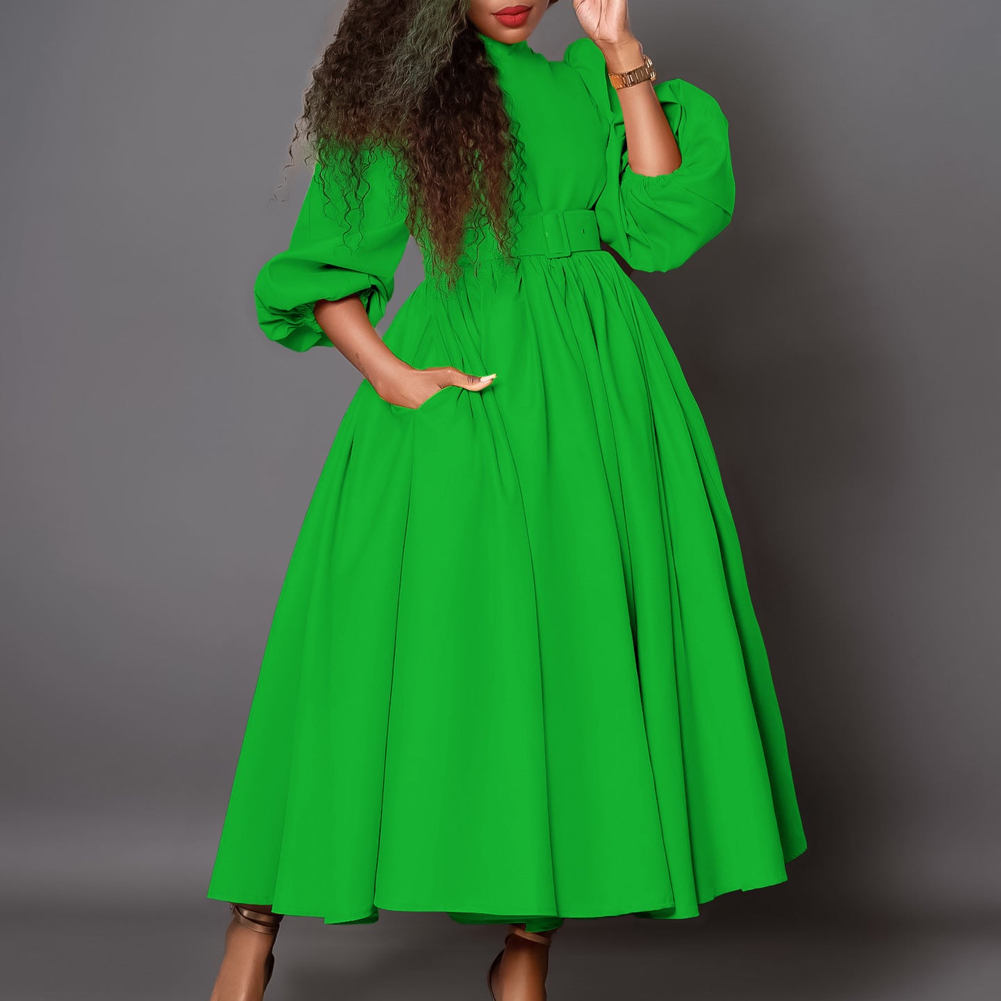 Women's Half Turtle Neck Three-Quarter Sleeve Chic Slim Waist Slim Fit Swing Dress 12