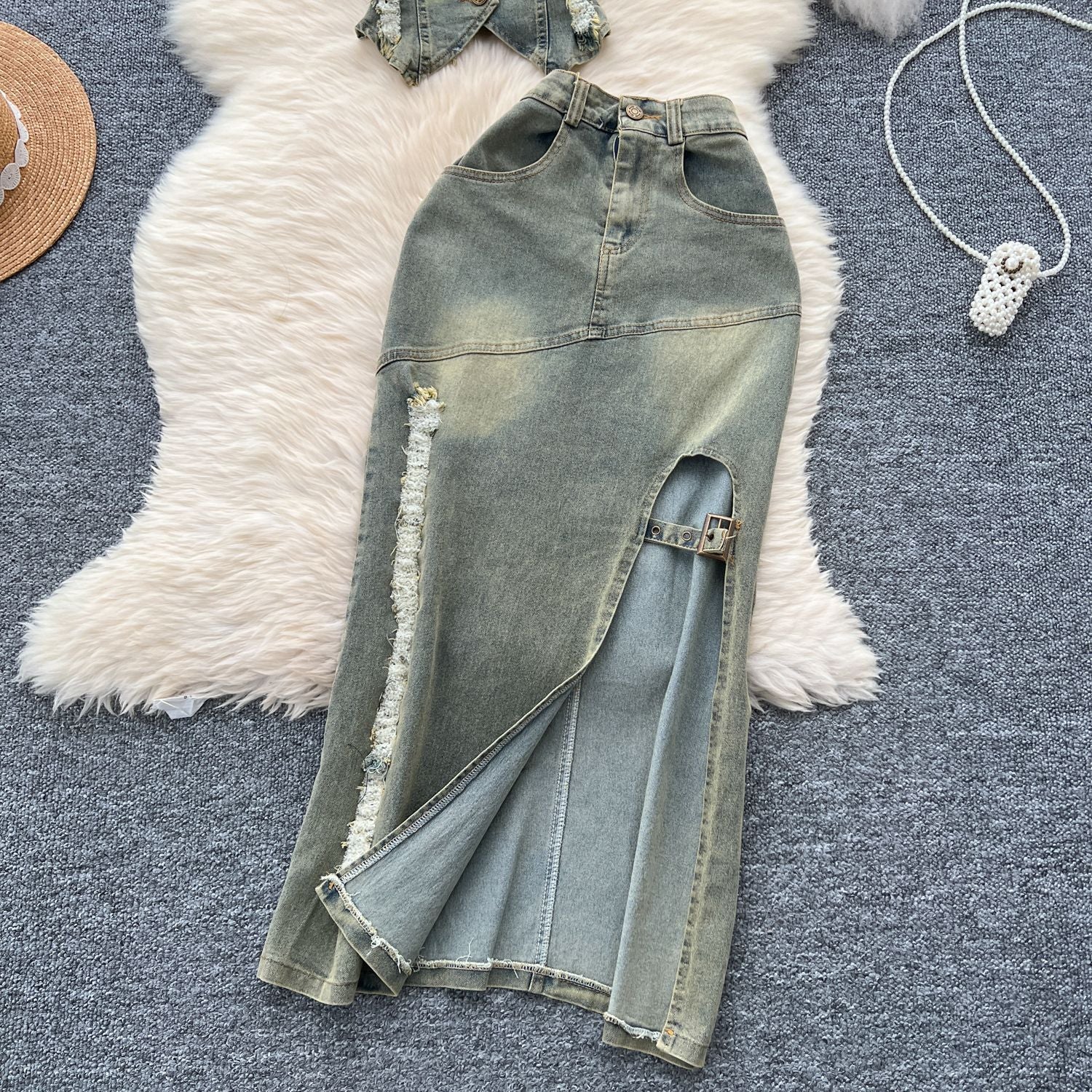 Turn Down Collar Distressed Denim Halter Top Slit Skirt Set 15